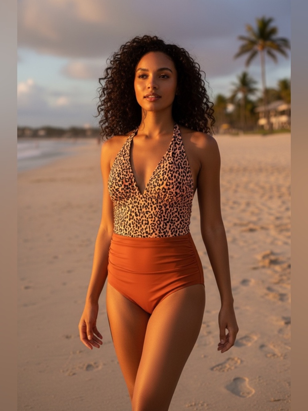 Holipick Leopard Print & Rust Orange One-Piece Swimsuit